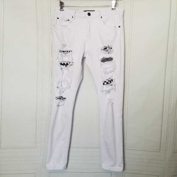 MLAB SZ 32 White Black Slim Fit Distressed Jeans Decorative Patching Y2K Emo - Picture 3 of 14